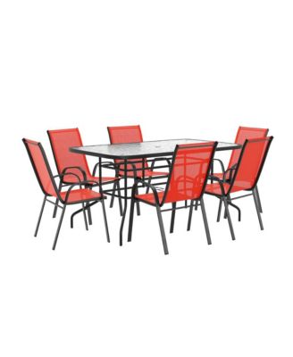 7-Piece Patio Table Set with Metal Table and Tempered Glass Top and 6 Flex Comfort Stacking Chairs