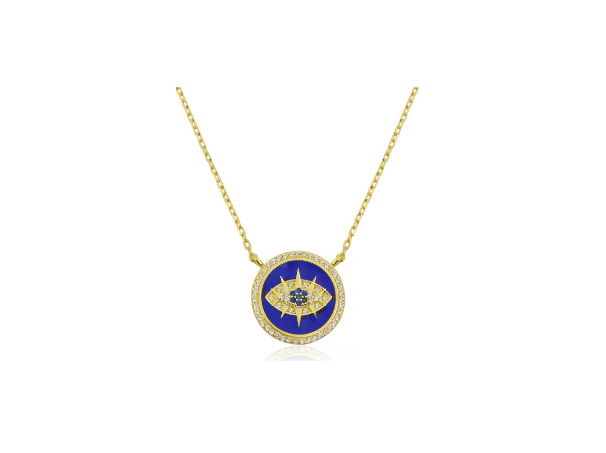 Enamel Evil Eye Disc Medallion Necklace Encusted with Cubic Zirconia 18 inches adjustable - Blue