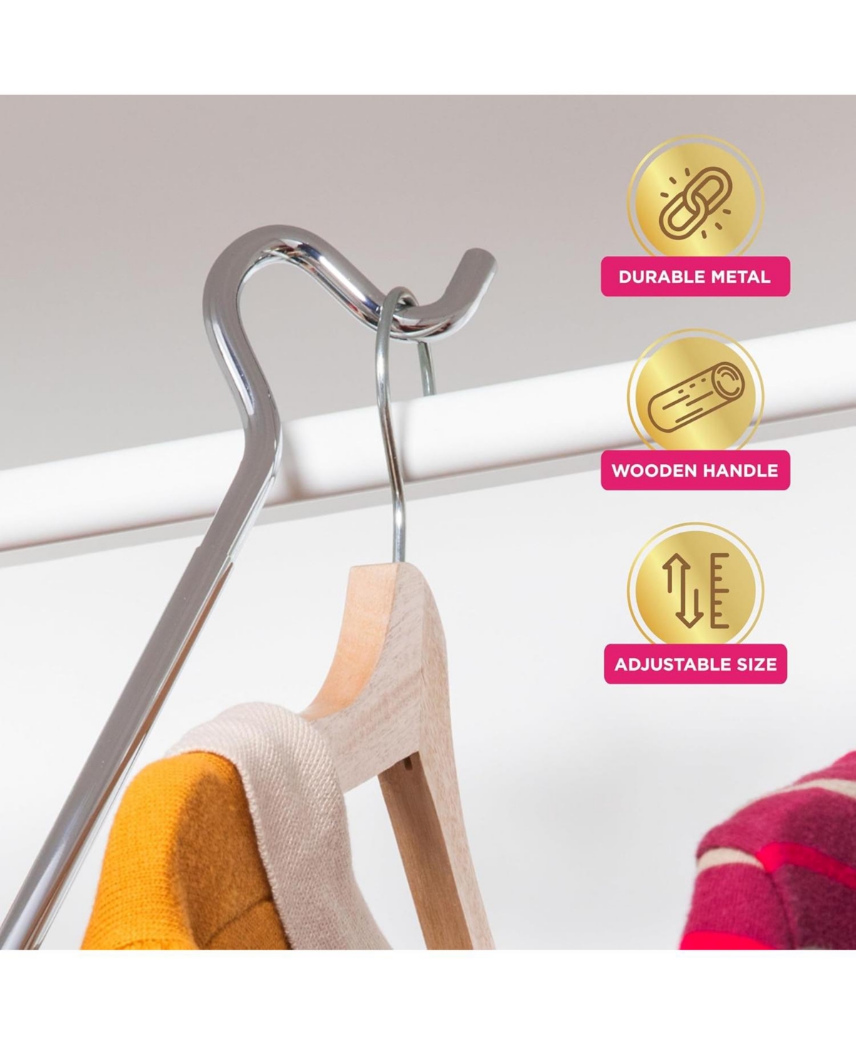 Florida Brands Closet Reacher Pole with Hook and Wooden Handle. Adjustable 2.75 to 5 Feet