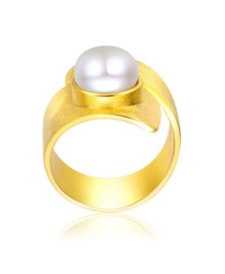 Sterling Silver 14K Gold Plated with Genuine Freshwater Pearl Modern Ring