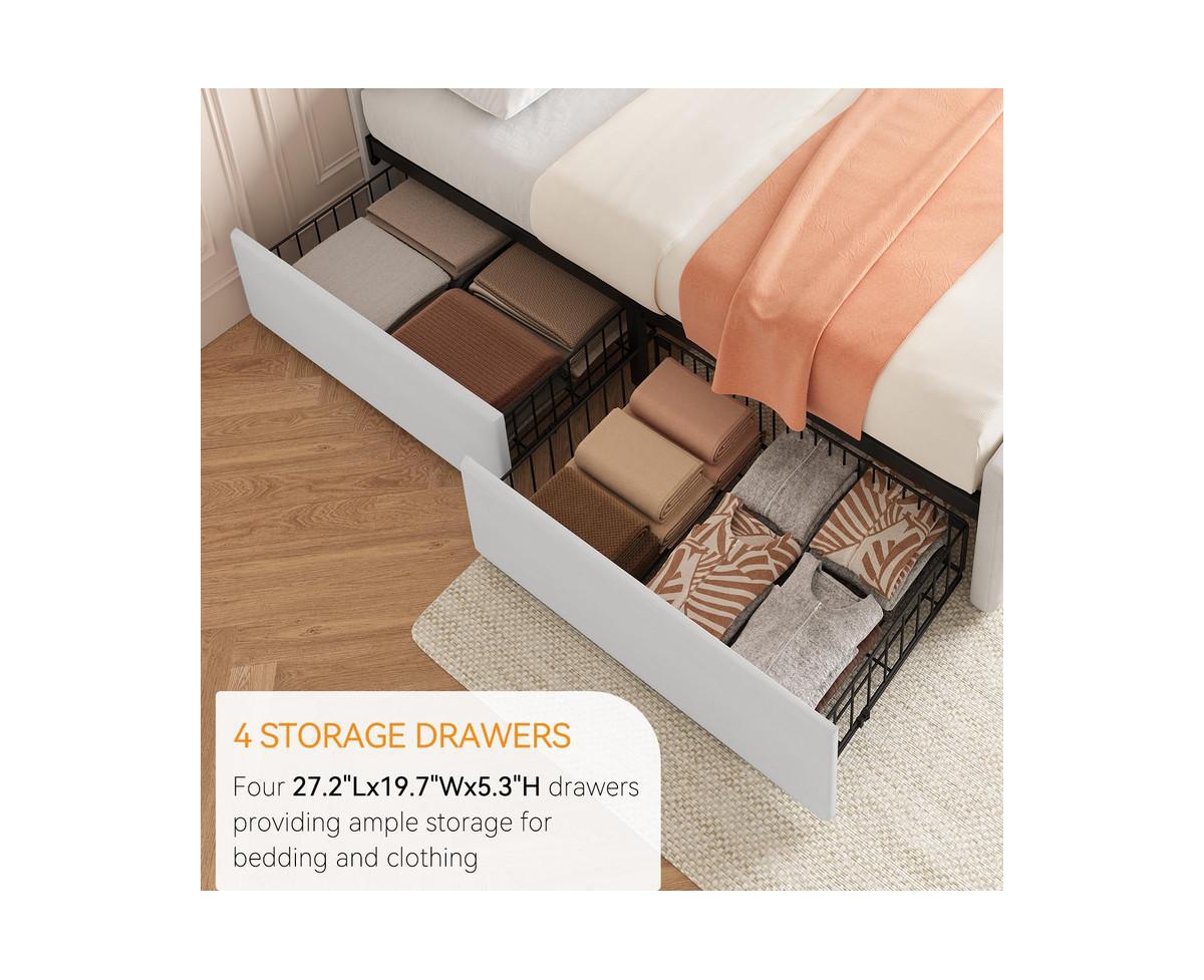 gaomon Size Bed Frame with 4 Storage Drawers and Headboard, Faux Leather Upholstered Platform Bed Frame with Wooden Slats Support, Button Tufted