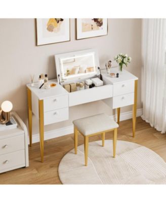 47" Makeup Vanity Desk with Flip Top Mirror and Lights, 3 Lighting Mode, 3 in 1 Vanity Table with 5 Drawers, Make Up Vanity Set with Chair for Bedroom