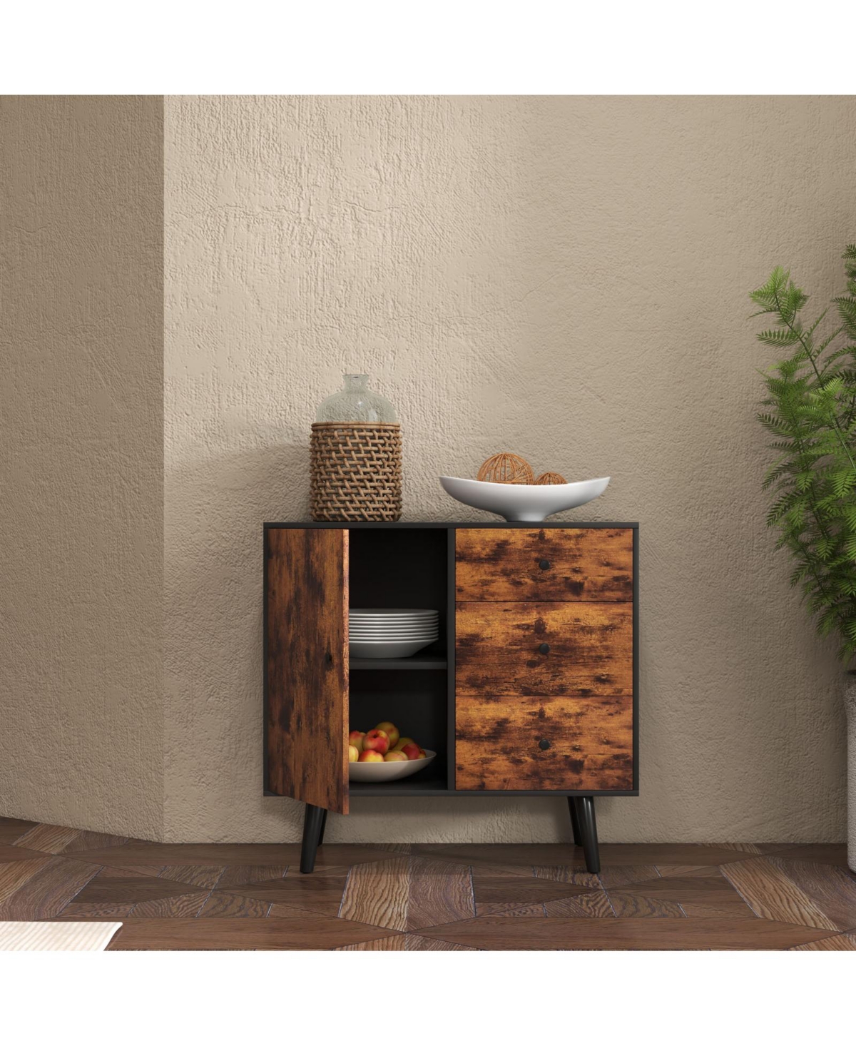 Gouun Mid-Century Wood Storage Cabinet with Door and 3 Drawers