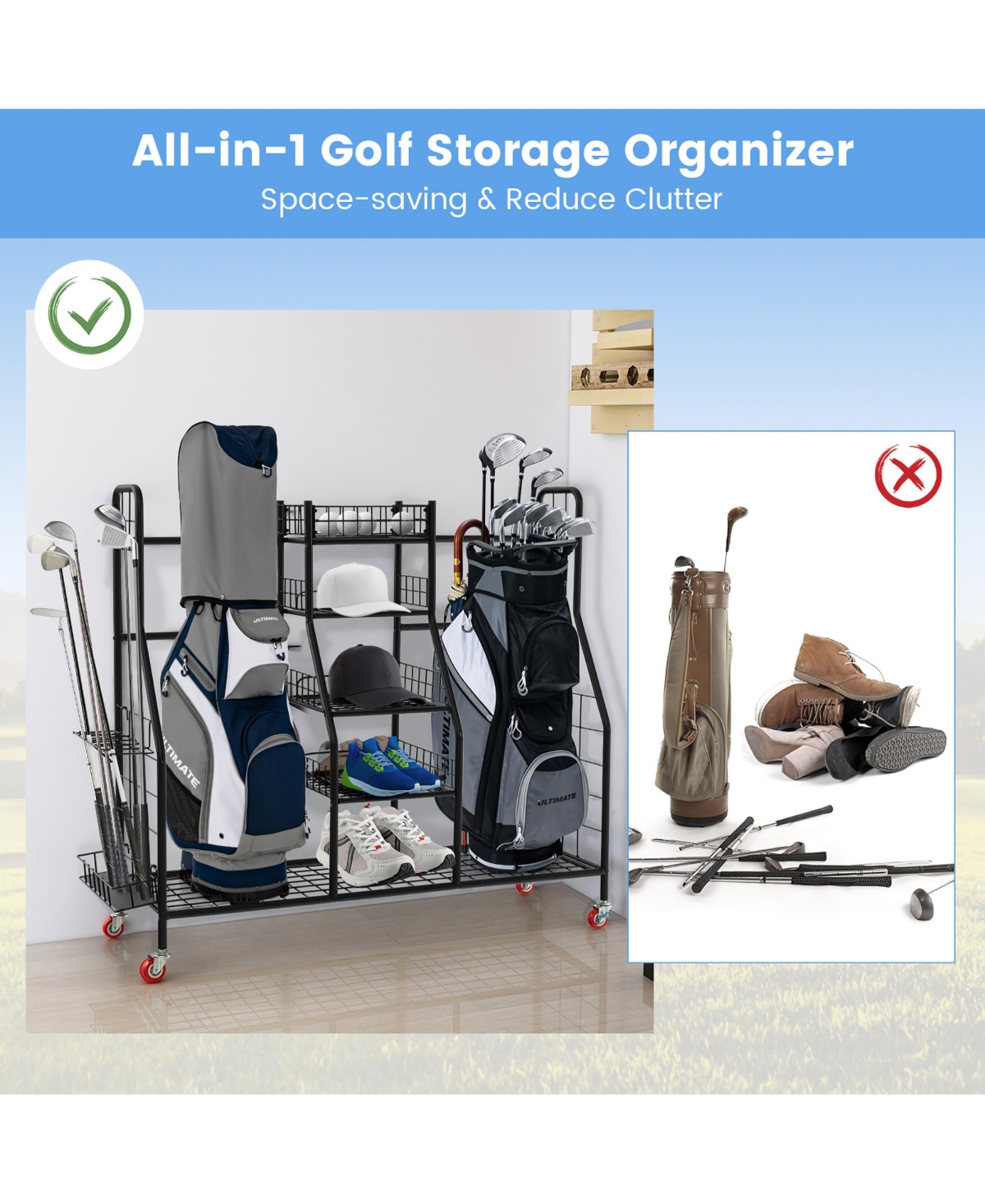 Gymax Golf Bag Storage Organizer for Garage Fits 2 Golf Bags & Accessories