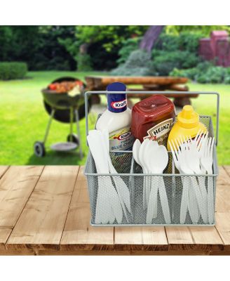 Mesh Utensil Caddy - Organize & Serve in Style! Perfect for Kitchen, Parties, and More. Multi-purpose with Compartments & Sturdy Handle -Silver