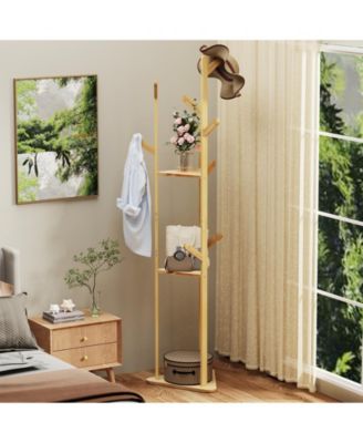 Sturdy Garment Clothes Stand: Natural Bamboo Coat Rack Hat Hanger Stand with Shelves