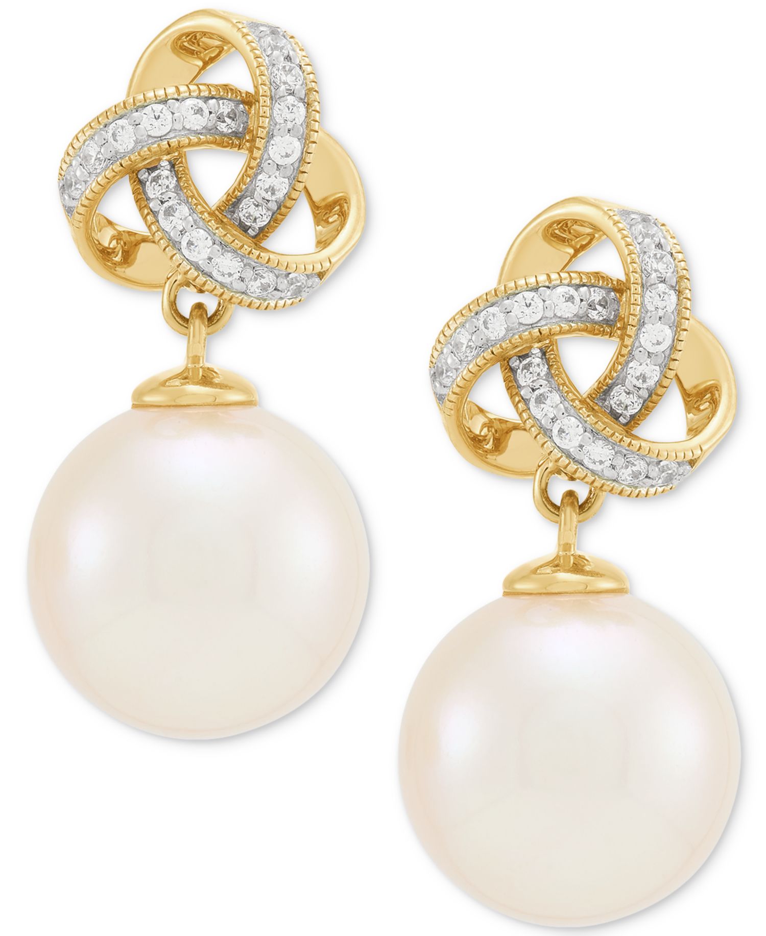 Cultured Ming Pearl (10mm) & Diamond (1/8 ct. t.w.) Love Knot Drop Earrings in 10k Gold