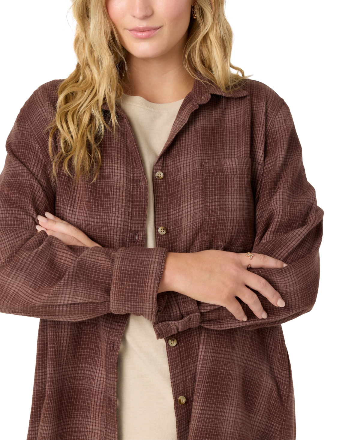 O'neill Juniors' Travys Plaid Print High-low-hem Cotton Shirt In Deep Taupe