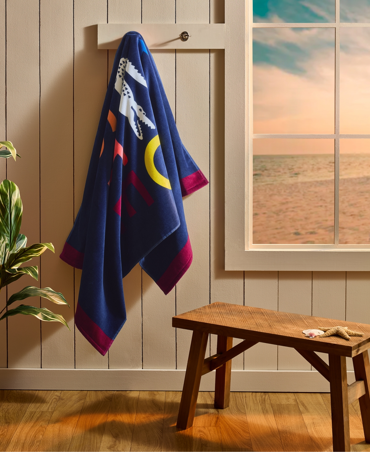 Lacoste Home Rainbow Letters Cotton Beach Towel In Navy