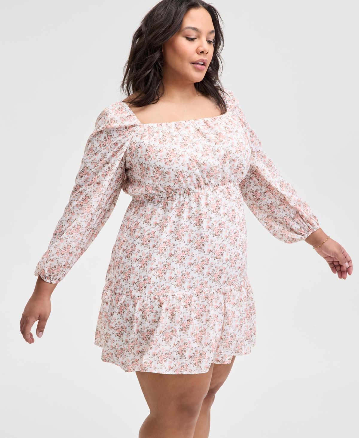 And Now This Trendy Plus Size Printed Peasant Mini Dress, Exclusively At Macy's In Calla Lilly Peach Toast