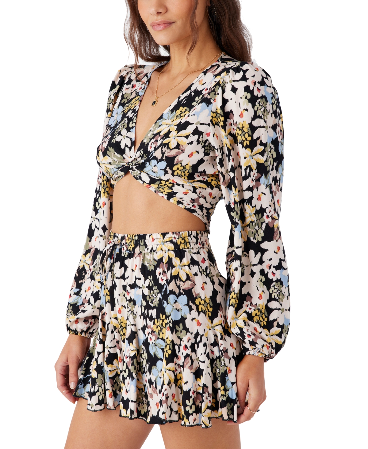 Shop O'neill Juniors' Livvie Printed Long-sleeve Crop Top In Black