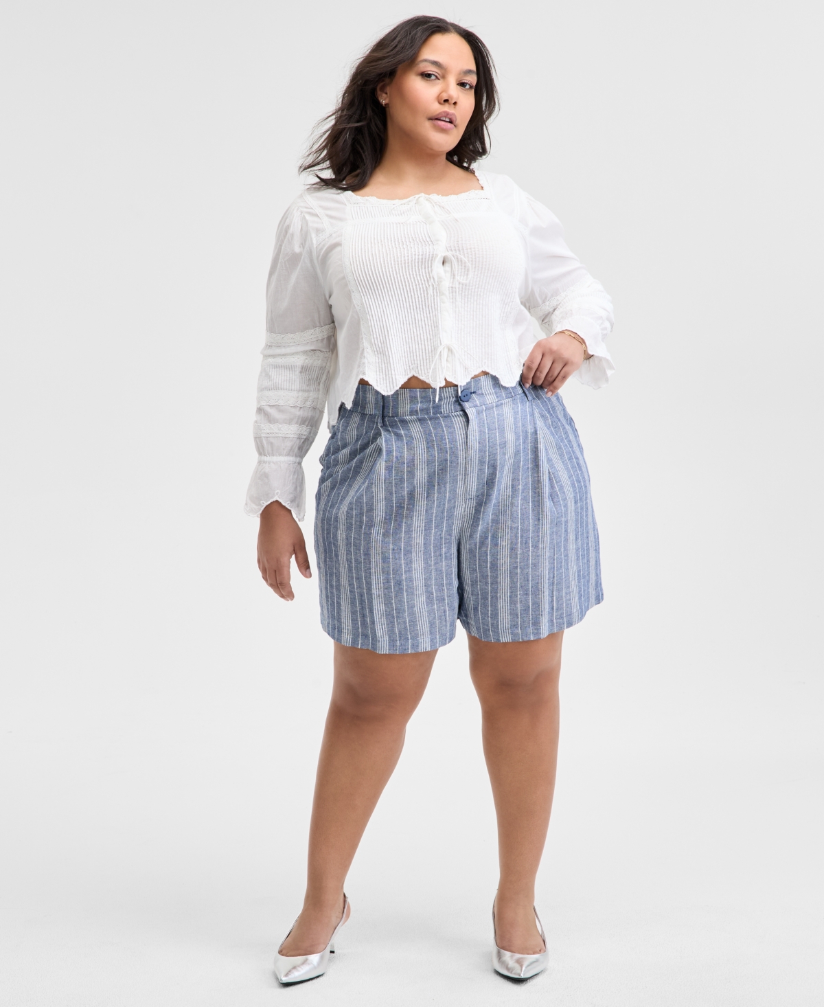 Plus Size Cotton Pleated Scallop-Hem Blouse, Exclusively at Macy's - White