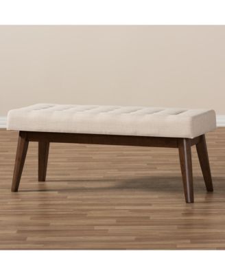Elia Mid-Century Modern Walnut Wood Light Beige Fabric Button-Tufted Bench