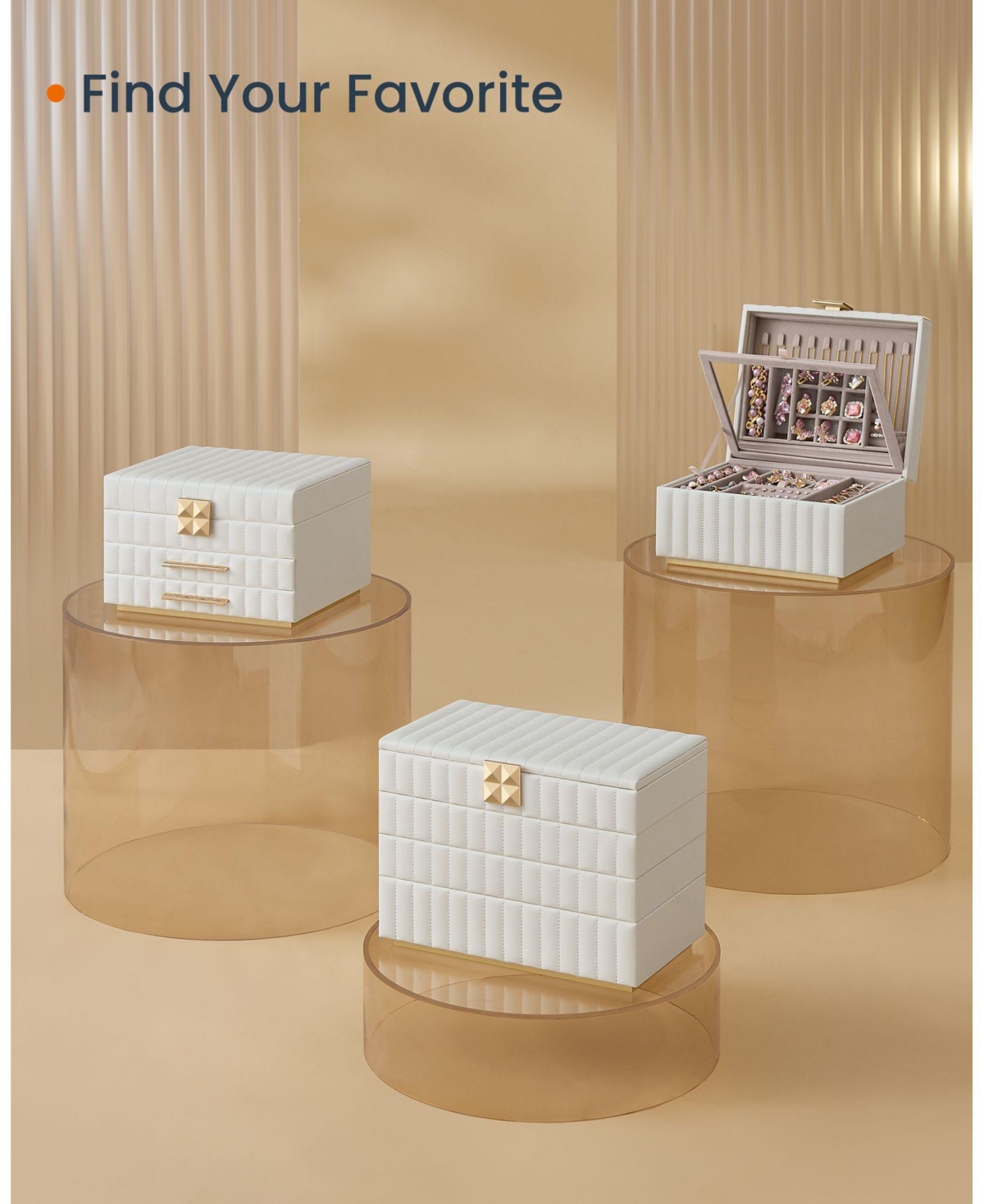 Slickblue 3-Tier Jewelry Box with Mirror, Jewelry Organizer with 2 Drawers, Pu Surface with Stitching, Floating Effect