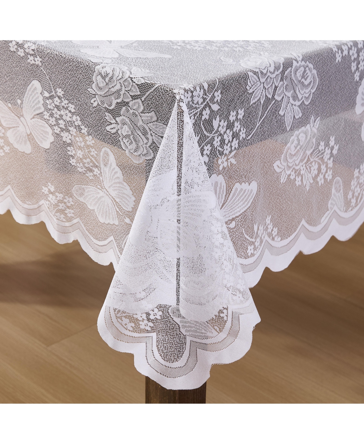 Hlc.me Butterfly Floral Lace Fabric Tablecloth, Lace Fabric Table Cloth for Oval Tables, Wrinkle Resistant Tablecloth, Patterned Scalloped Tablecloth