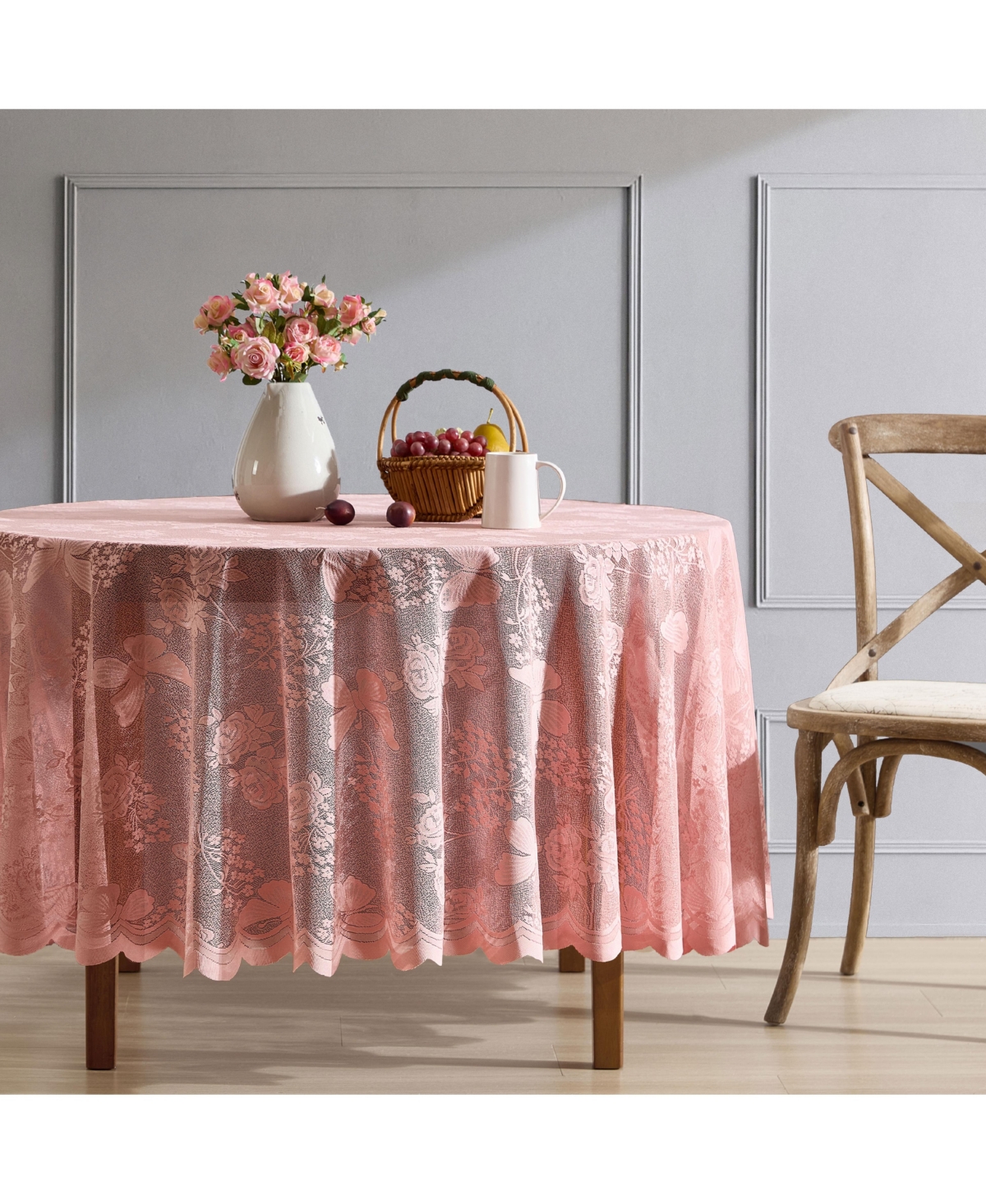 Butterfly Floral Lace Fabric Tablecloth, Lace Fabric Table Cloth for Round Tables, Wrinkle Resistant Tablecloth, Patterned Scalloped Tablecloth