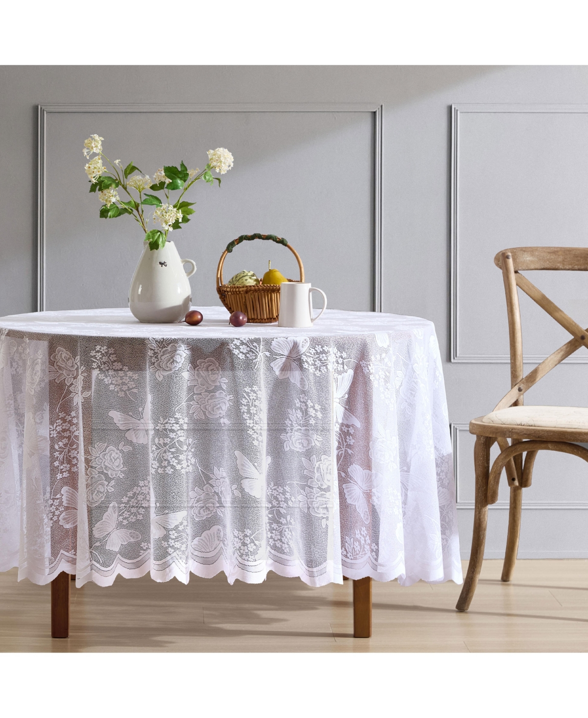 Hlc.me Butterfly Floral Lace Fabric Tablecloth, Lace Fabric Table Cloth for Round Tables, Wrinkle Resistant Tablecloth, Patterned Scalloped Tablecloth