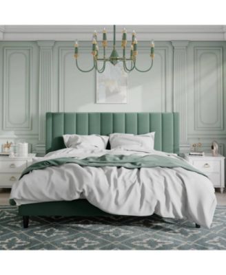 Velvet Upholstered Platform Bed Frame with Headboard &acirc;€“ Modern Bed with Wood Slats, No Box Spring Needed - King