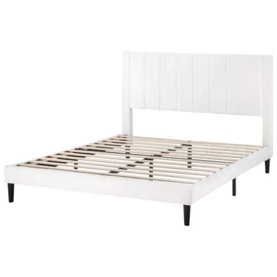 White Velvet Queen Platform Bed Frame with Upholstered Headboard