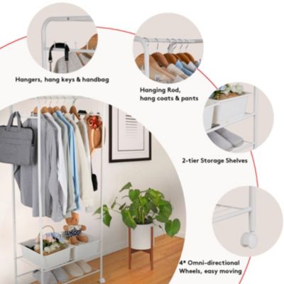 Metal Clothes Rack with Wheels: Portable Garment Organizer with Storage Shelves
