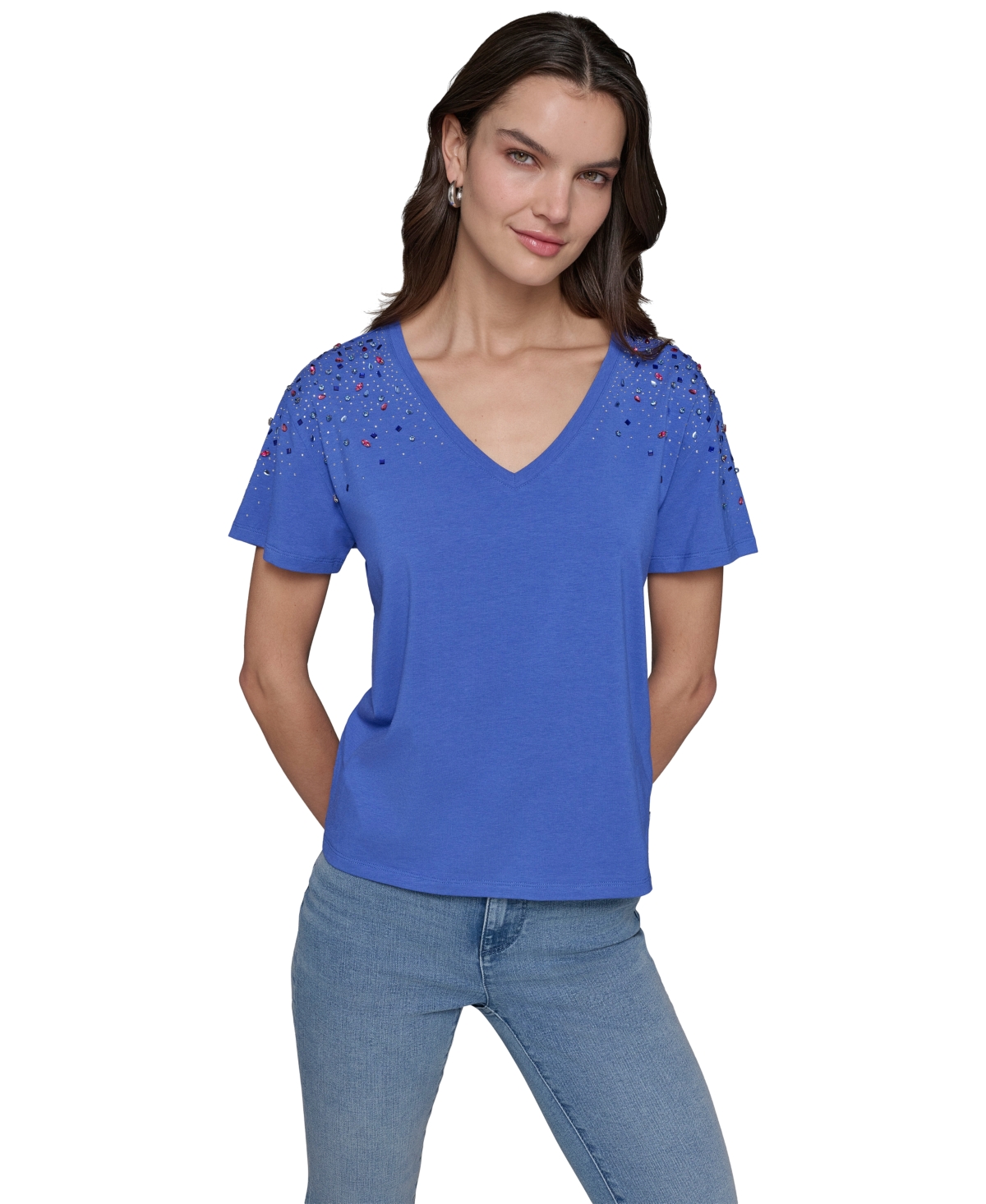 Shop Karl Lagerfeld Women's Embellished V-neck T-shirt In Electric Indigo