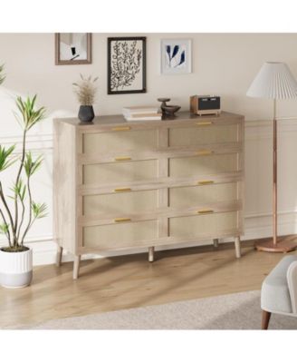 8 Drawer Rattan Dresser, 47.2" x 15.7" x 37" Rattan Chest of Dressers, Mid Century Modern Dresser for Closet with Handles, Large Table Top, Dresser Bedroom, Living Room, Hallway, Entryway