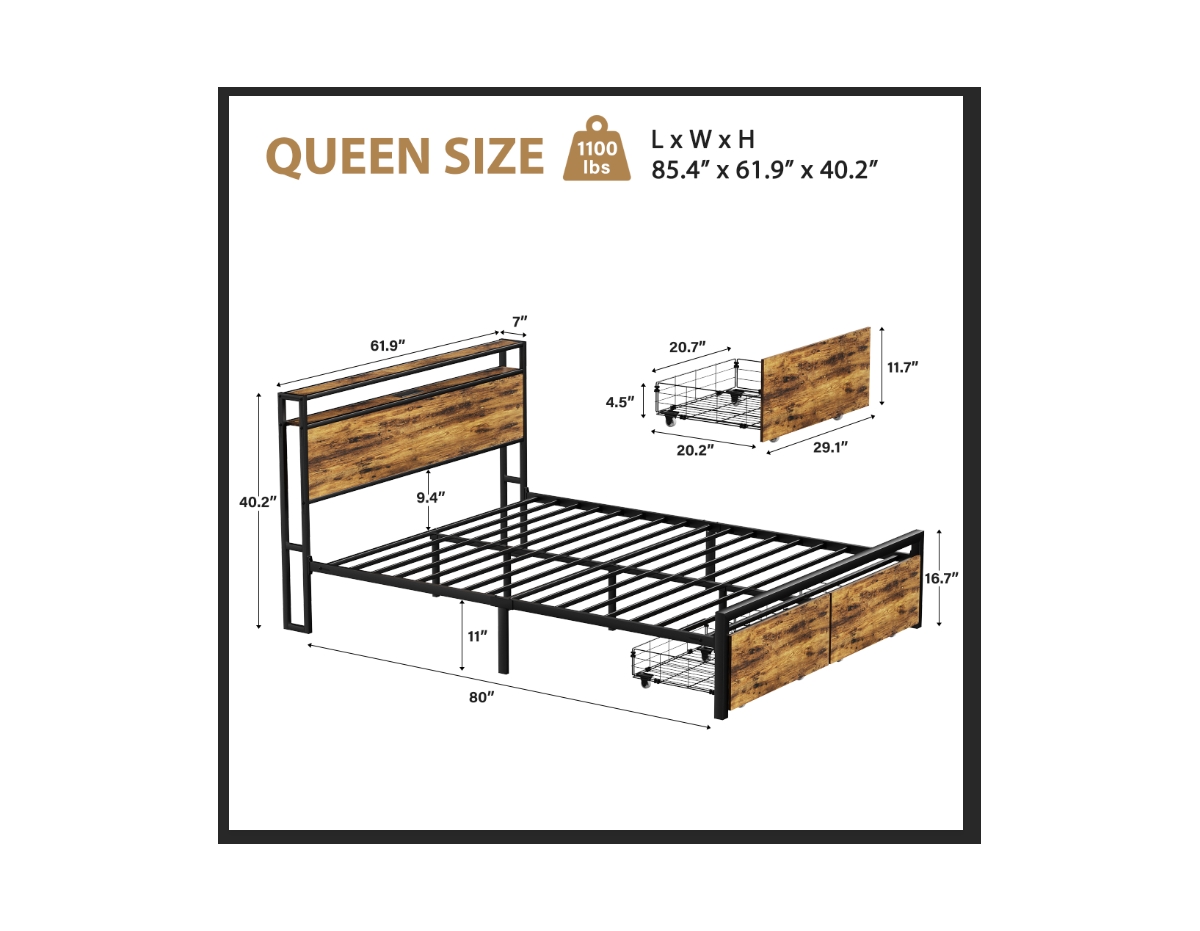 Lovmor Metal Bed Frame with 2 Storage Drawers and Led Rgb Led light