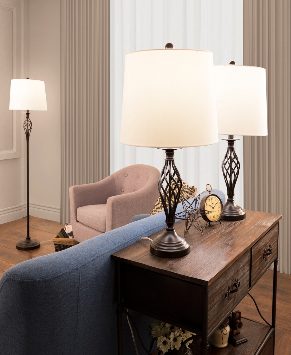 LAVISH HOME SPIRAL CAGE DESIGN TABLE AND FLOOR LAMP, SET OF 3 