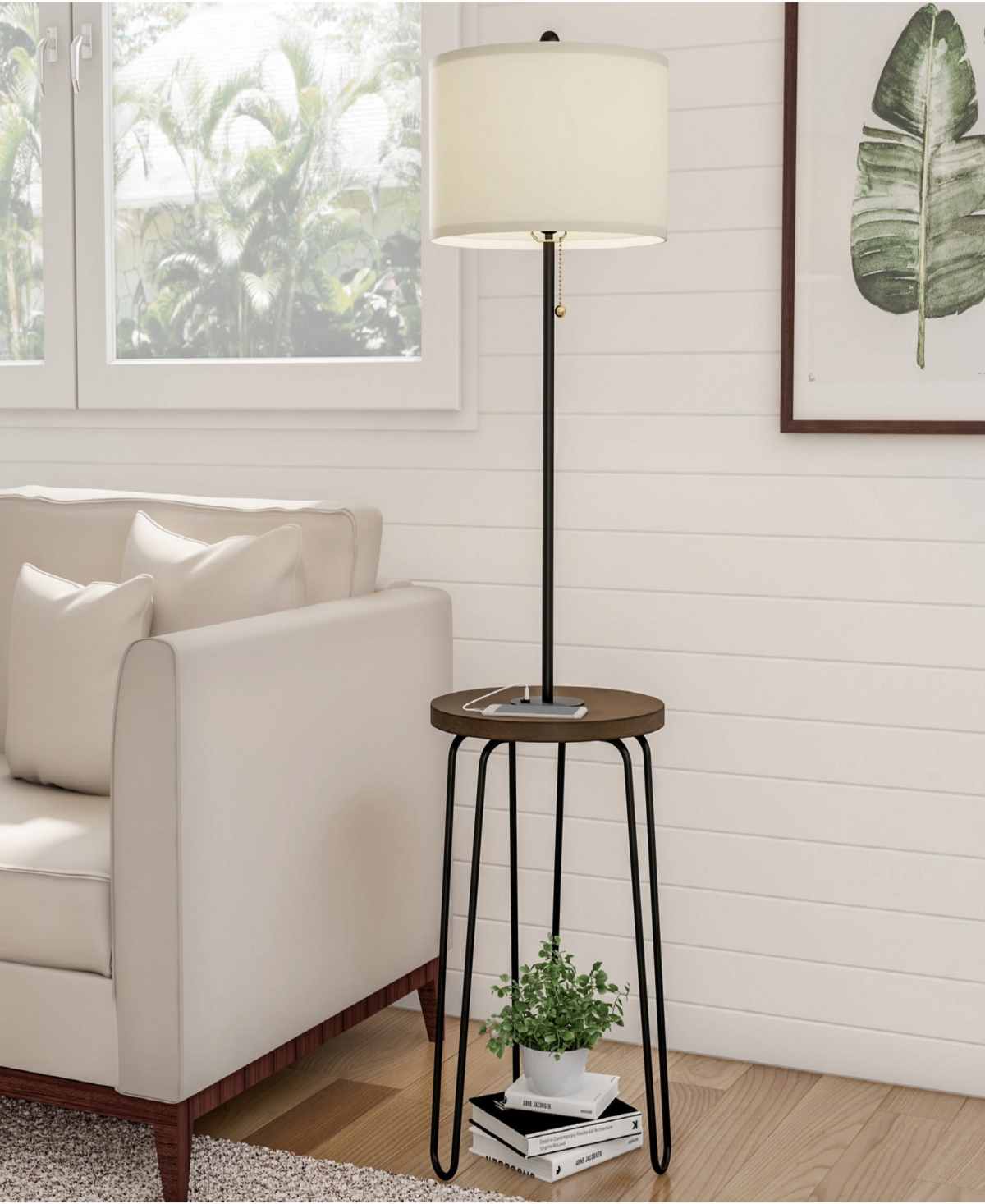 Lavish Home 59" Usb Port And Hairpin Legs Floor Lamp With Table In Brown,black And Off-white