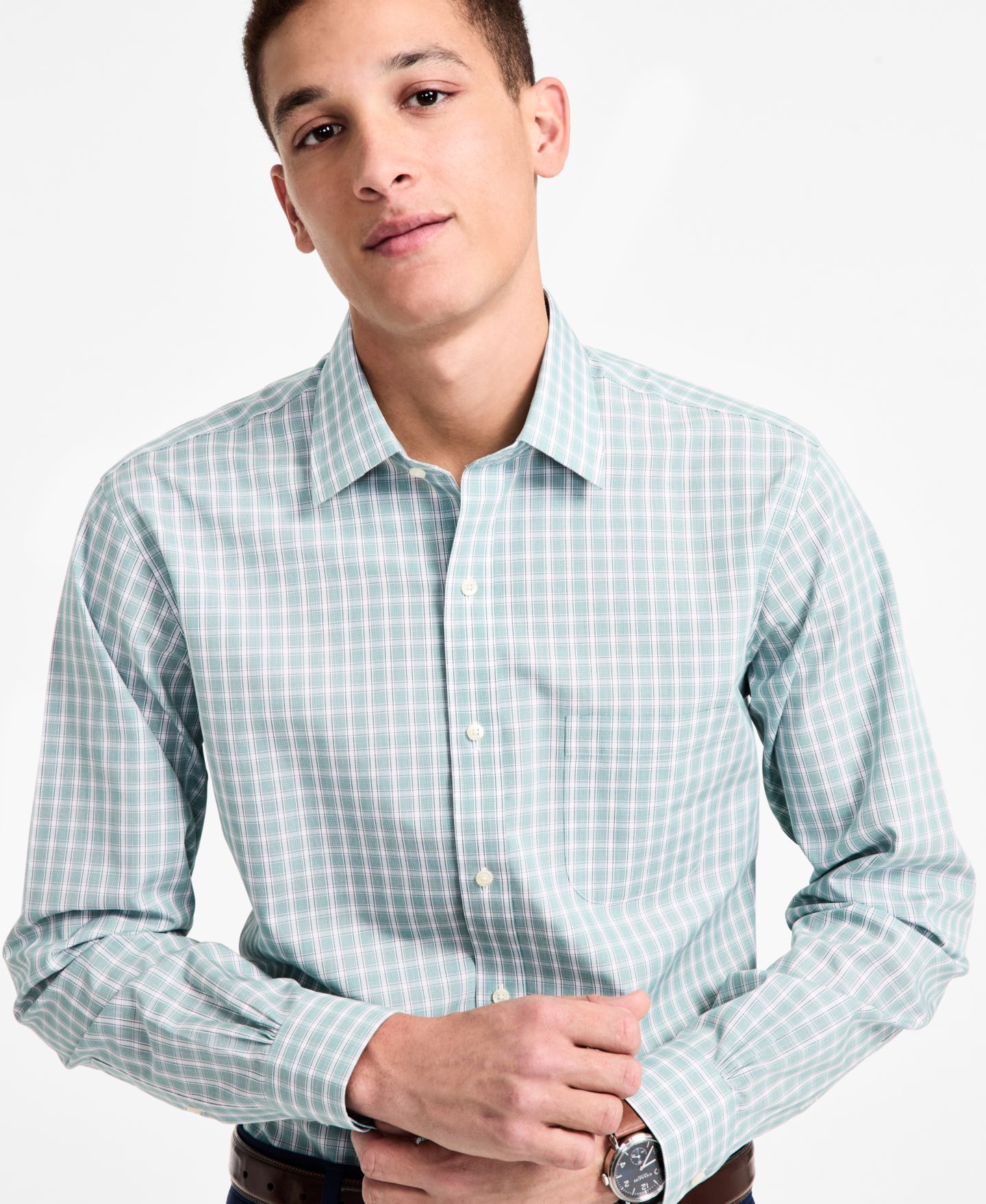 Мужская рубашка Brooks Brothers Regular-Fit Non-Iron Spread Collar Check Broadcloth Dress Shirt, цвет: Зелёный клетчатый — фото 3