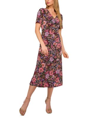 MSK - Women's Floral-Print Short-Sleeve Midi Dress