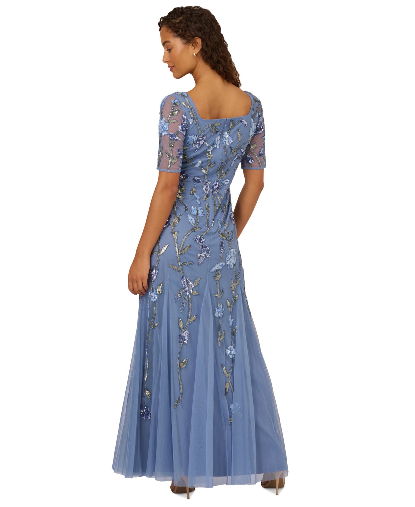Женские платья Adrianna Papell Square-Neck Beaded Mesh Gown, цвет: Синий — фото 5