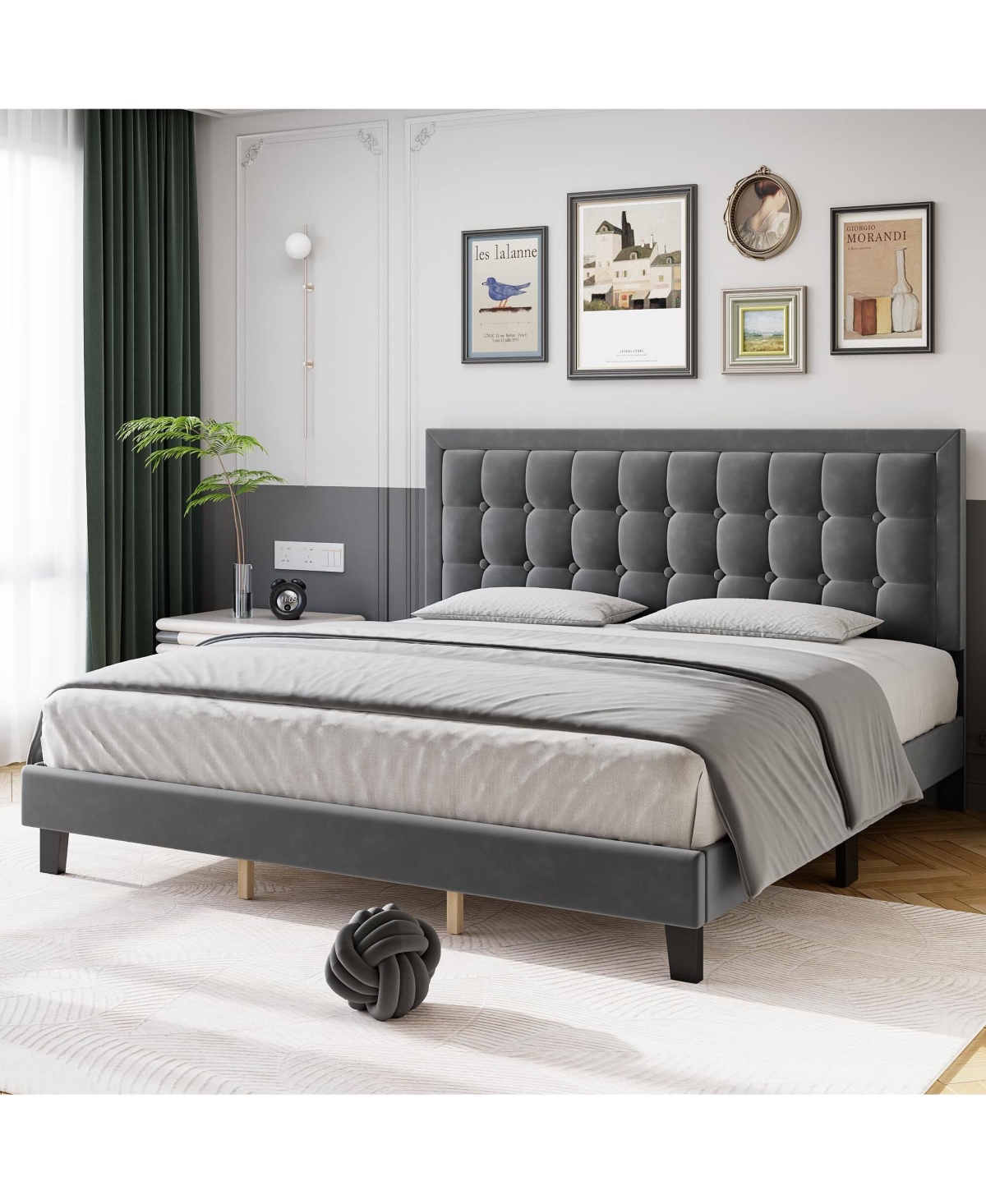 gaomon Platform Bed Frame with Upholstered Button Tufted Headboard, Metal Foundation with Wood Slats Support No Box Spring Needed for Bedroom - Dark g