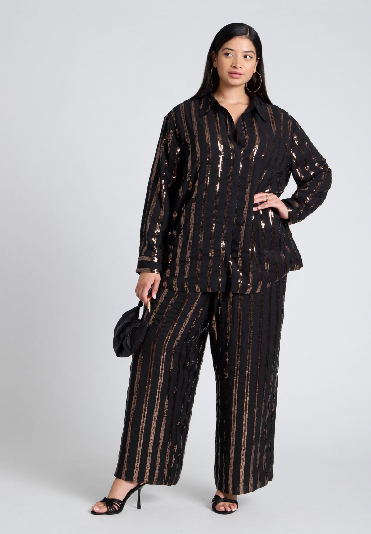 Eloquii Plus Size Relaxed Striped Sequin Pant - Black and bronze