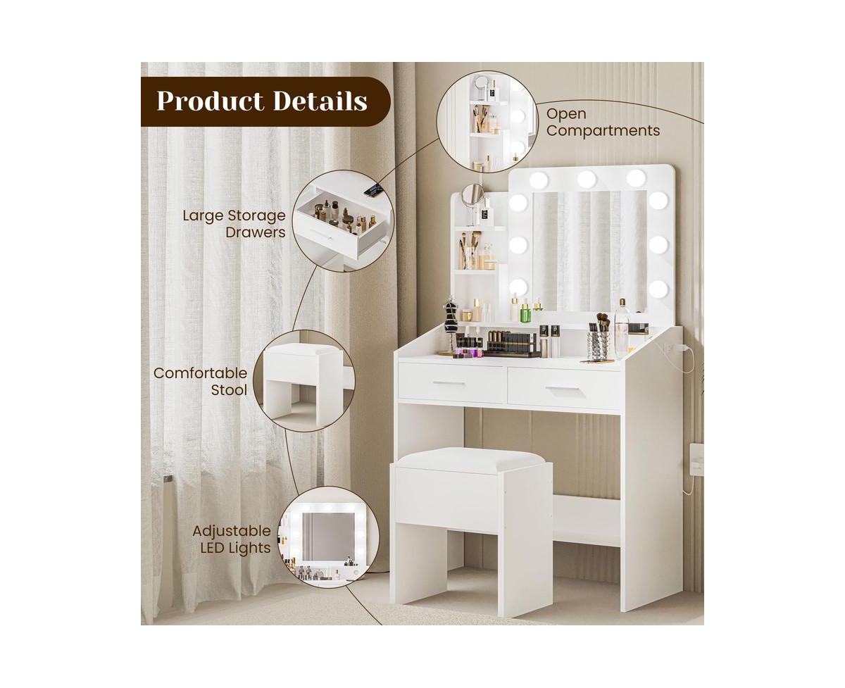 gaomon Vanity Desk with Mirror and Lights, Makeup Vanity with Power Outlet & Cushioned Stool, 3 Lighting Modes Adjustable Brightness, Dressing Table w