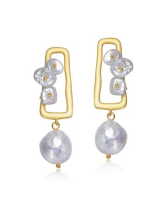 Beautiful Sterling Silver 14K Gold Plated 14-15MM Genuine Freshwater Pearl Drop Earrings