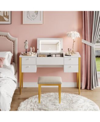 47" Makeup Vanity Desk with Flip Top Mirror and Lights, 3 Lighting Mode, 3 in 1 Vanity Table with 5 Drawers, Make Up Vanity Set with Chair for Bedroom