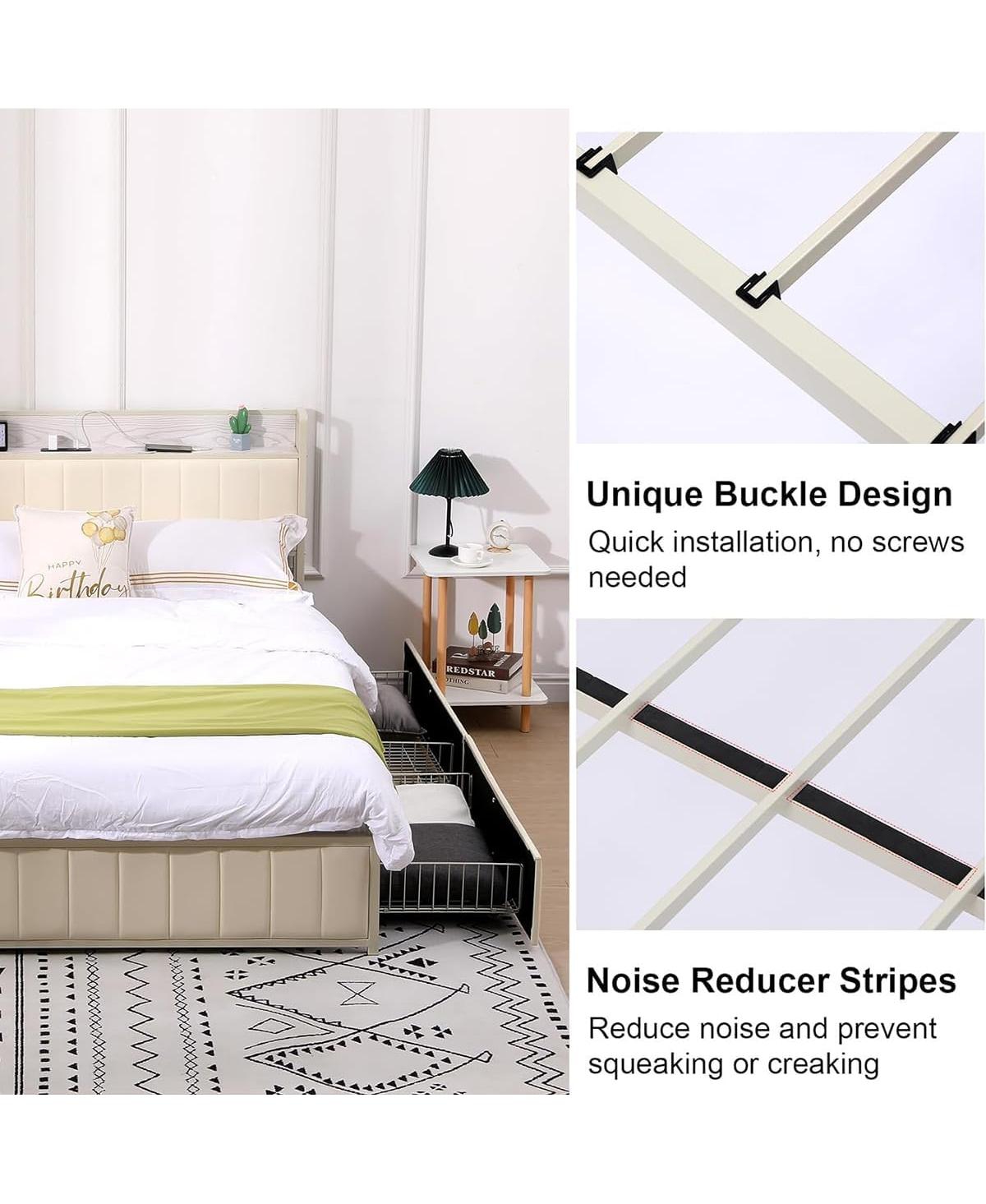 gaomon Size Bed Frame with Storage Headboard, Bed Frame with Faux Leather Headboard & Footboard, Strong Wood Slats, No Box Spring Required - Whit