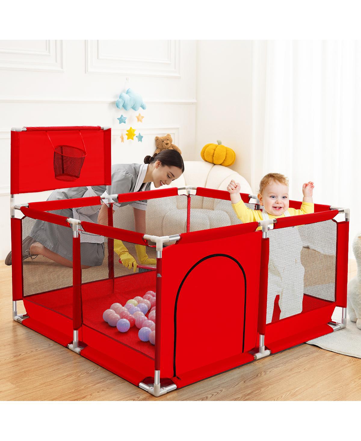 Comomy Baby Playpen Outdoor Indoor Play Yard 7 Panel Baby Safety Playpen for Infant Toddler with Basketball Hoop
