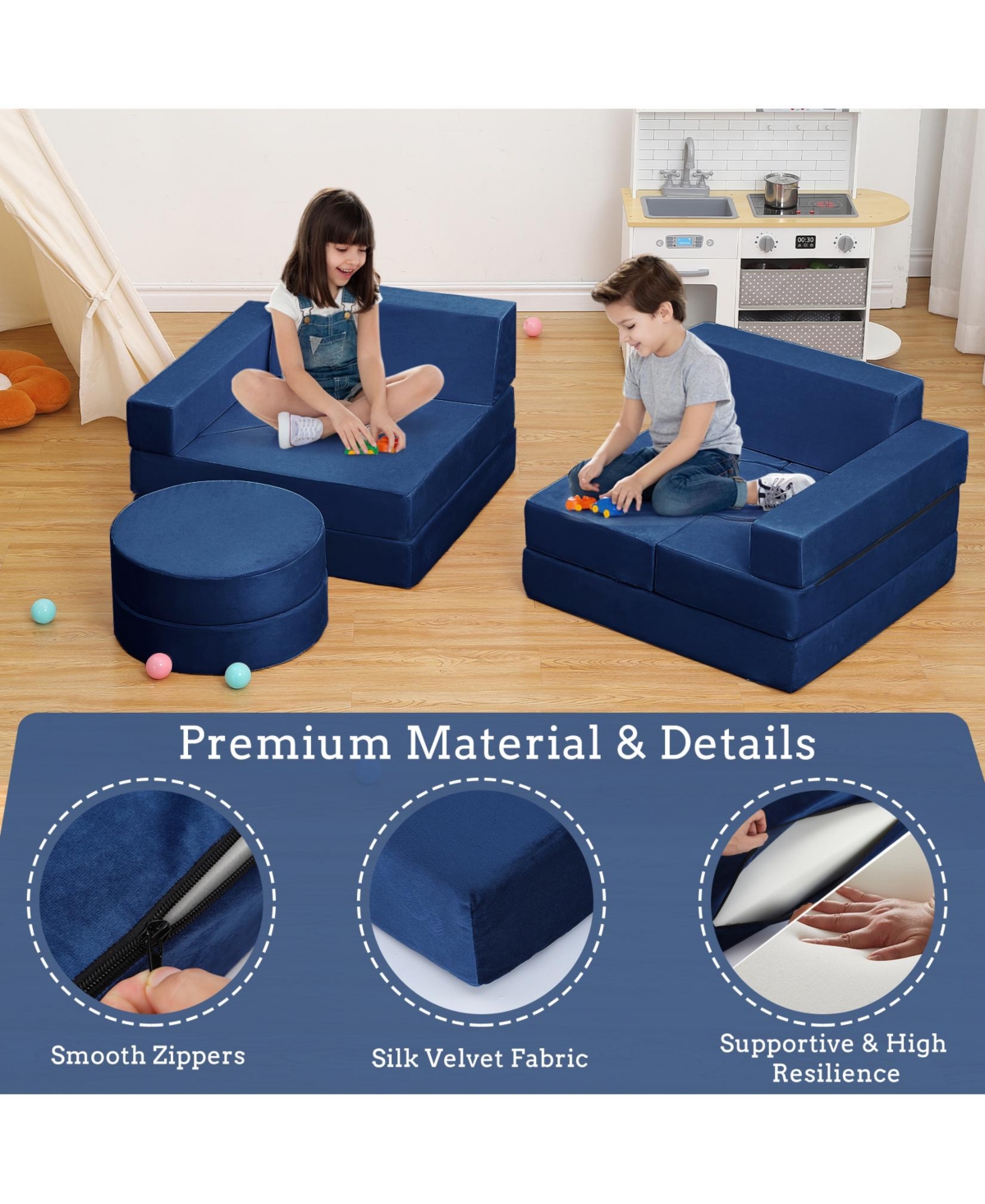 gaomon 14 Pcs Kids Play Couch Sofa, Modular Folding Playset, Convertible Foam Cushions for Playroom and Bedroom, for Boys and Girls