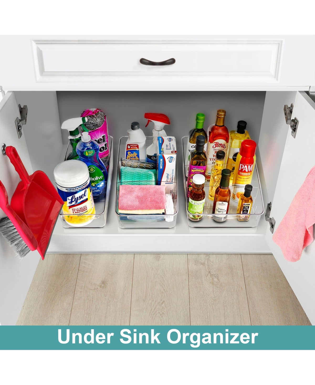 Sorbus 2 Pack Clear Organizing Bin on Wheels with Dividers - for Kitchen, Cabinet Organizer, Pantry & Refrigerator