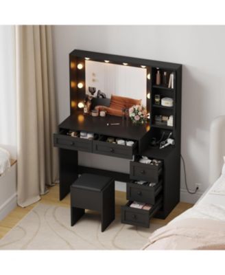 Makeup Vanity Stool Set, Small Vanity Desk with Lighted Mirror, Charging Station, 5 Drawers