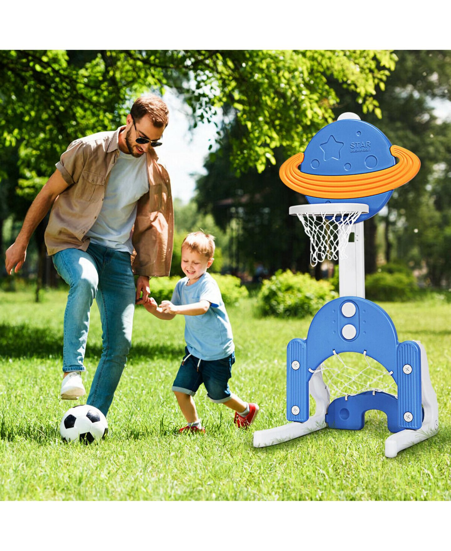 Детские игрушки Gymax 3-in-1 Kids Basketball Hoop Set Adjustable Sports Activity Center w/Balls, цвет: Белый — фото 6