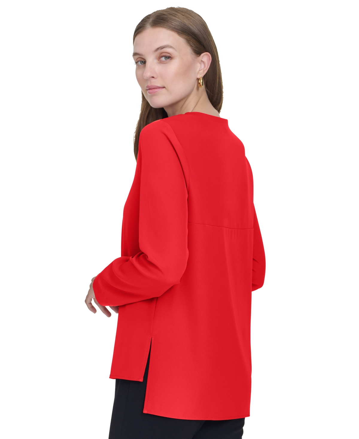 Shop Halston Women's Zip-front Hi-low Side-slit Blouse In Red