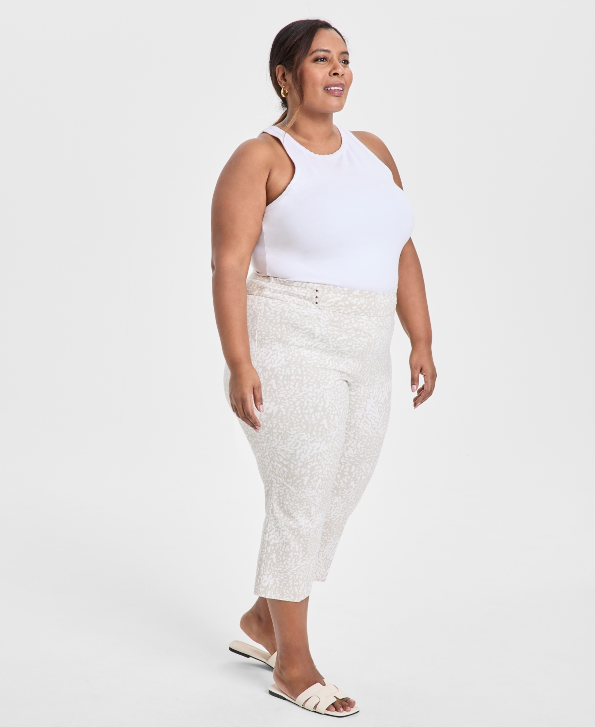 Jm Collection Plus Size Print Rivet-waist Capri Pants, Exclusively At Macy's In Stonewall