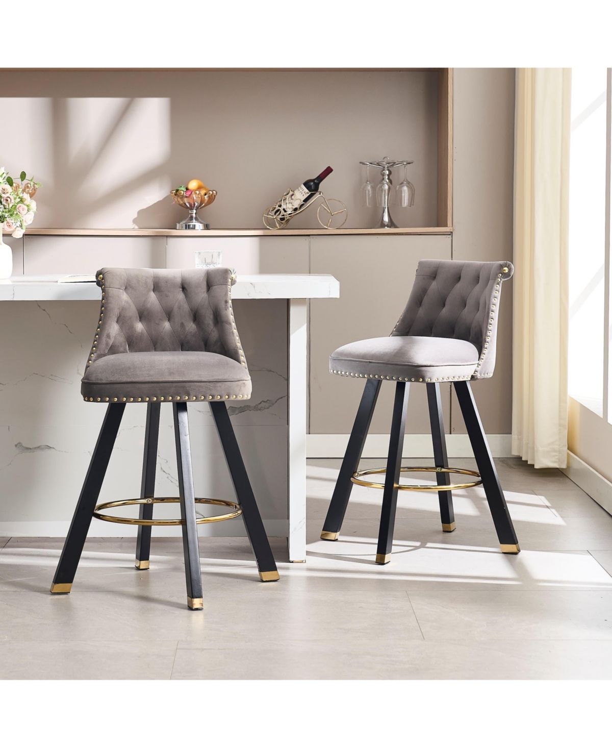 The Pop Home Set of 2 Velvet Swivel Bar Stools, 360 Rotation, Modern Kitchen Chairs-The Pop Home - Grey+velvet