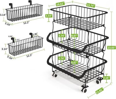 3 Tier Stackable Metal Wire Utility Rack with Rolling Wheels and 2 Free Baskets for Kitchen Pantry Garage Basket Cart