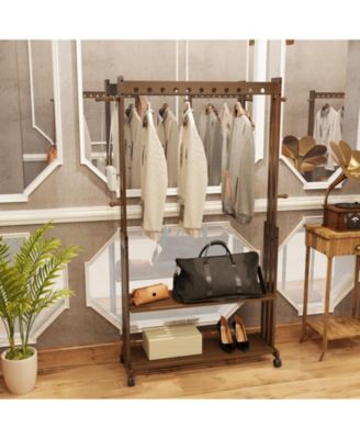 Retro Bamboo Clothes Rack:  Garment Organizer Hanging Rack with Wheels