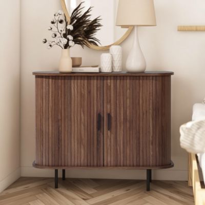 Mid-Century Modern 2-Door Accent Cabinet with Slatted Sliding Doors, Dark Oak