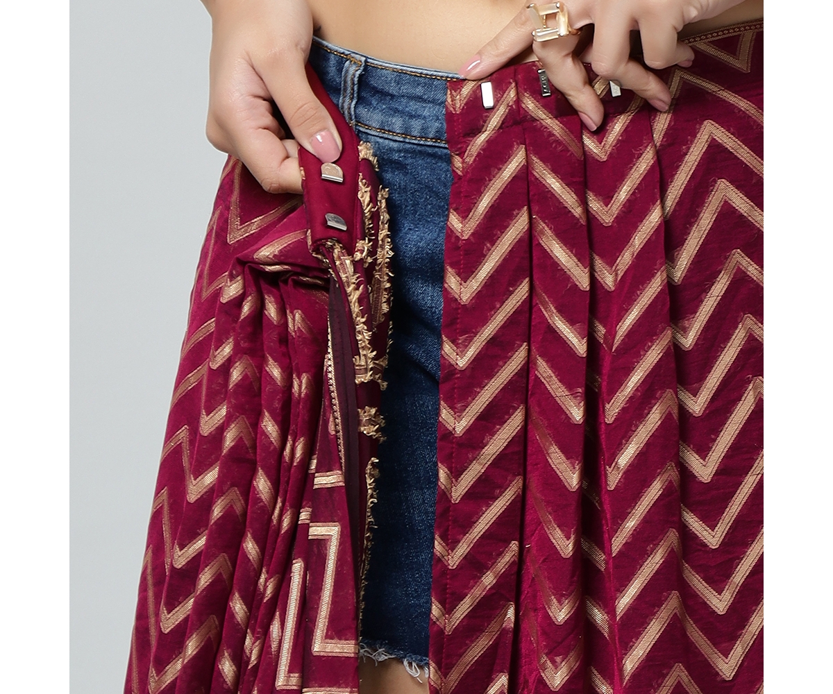 One Minute Saree Petite Lucia Wine Gold Zigzag Embroidered Light Ready to Wear Sari